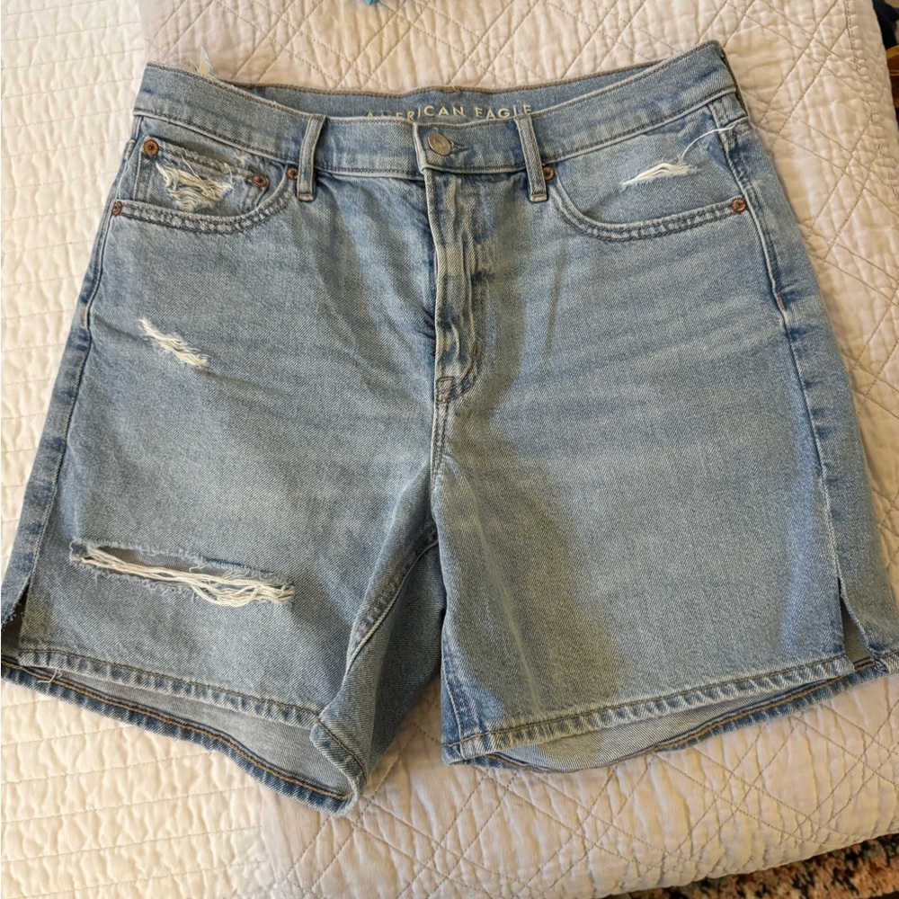 American Eagle Outfitters Blue Distressed Jean Shorts Mid-Length